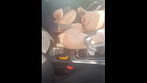 Step mom tits out , pussy out, get fucked in the car by step son