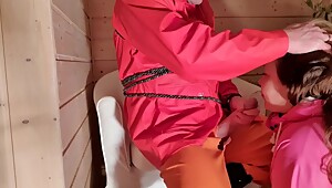 Handjob and squirt on wife's huge tits in rainwear