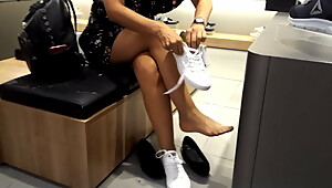 Wife shows Pantyhosed sexy feets legs at shoe shopping