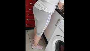Step mom in leggings stuck into step son dick in kitchen fucking until cum