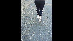 Step mom doesn't wear panties under Fila leggings get fucked in public place by step son